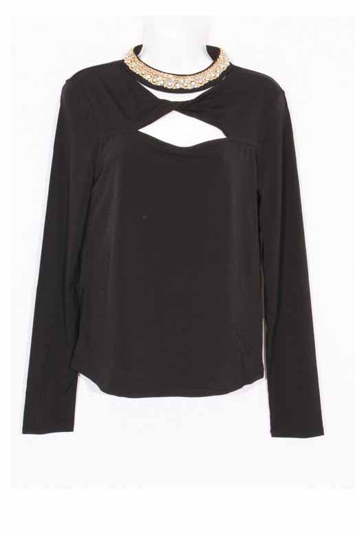 Women's Long Sleeve Twisted Keyhole Embellished Mock Neck Top