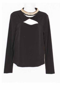 Women's Long Sleeve Twisted Keyhole Embellished Mock Neck Top