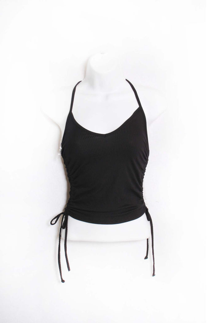 Women's Sleeveless Spaghetti Strap Drawstring Ribbed Crop Top