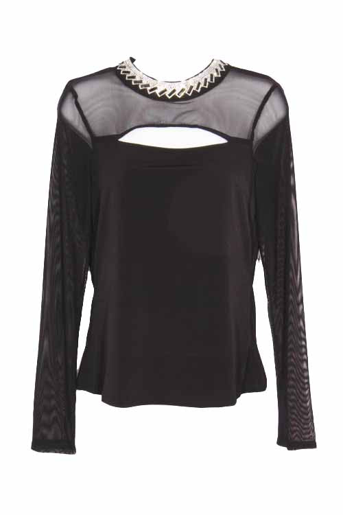 Women's Long Sleeve Mesh Cut Out Embellished Mock Neck Top
