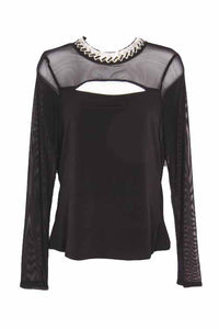 Women's Long Sleeve Mesh Cut Out Embellished Mock Neck Top