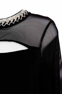 Women's Long Sleeve Mesh Cut Out Embellished Mock Neck Top