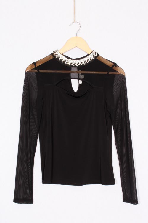 Women's Long Sleeve Mesh Cut Out Embellished Mock Neck Top