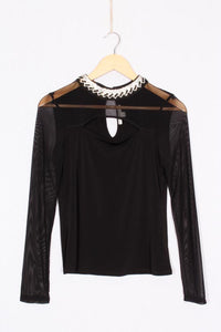 Women's Long Sleeve Mesh Cut Out Embellished Mock Neck Top