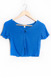 Women's Ruffle Sleeve O Ring Ribbed Crop Top
