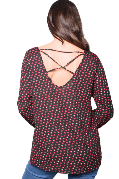 Women's Printed Long Sleeves Criss Cross Back Top