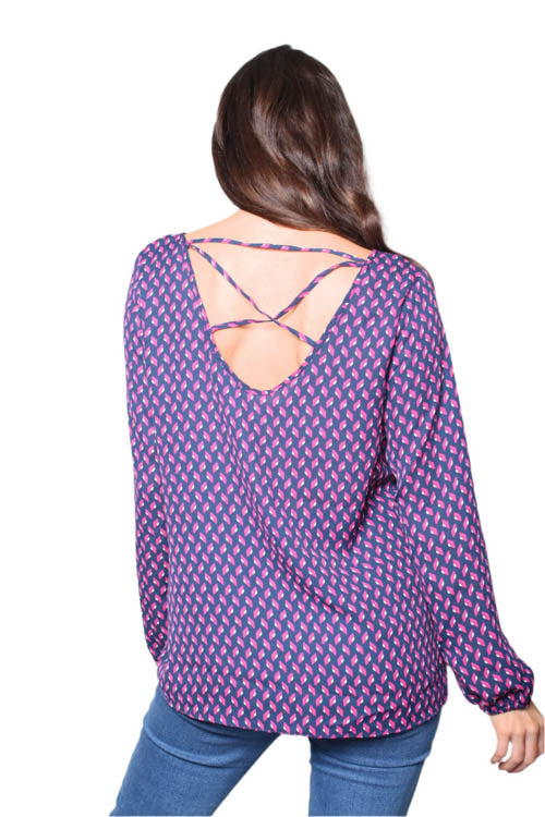 Women's Printed Long Sleeves Criss Cross Back Top