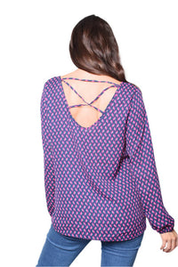 Women's Printed Long Sleeves Criss Cross Back Top