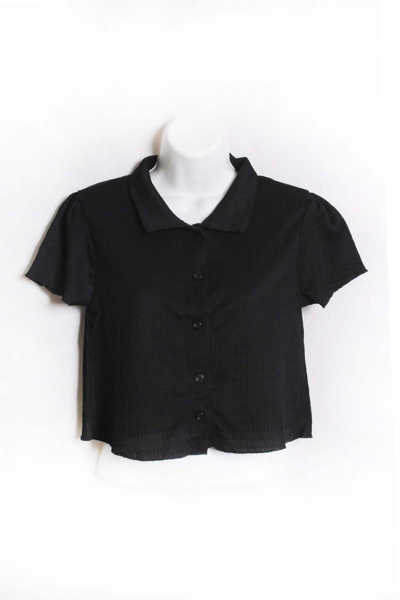 Women's Short Sleeve Button Down Ribbed Crop Top