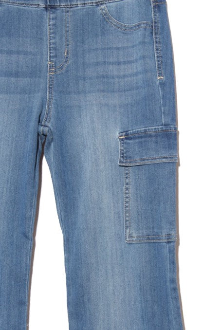 Women's Mid Rise Elastic Waist Side Cargo Pocket Flare Jegging
