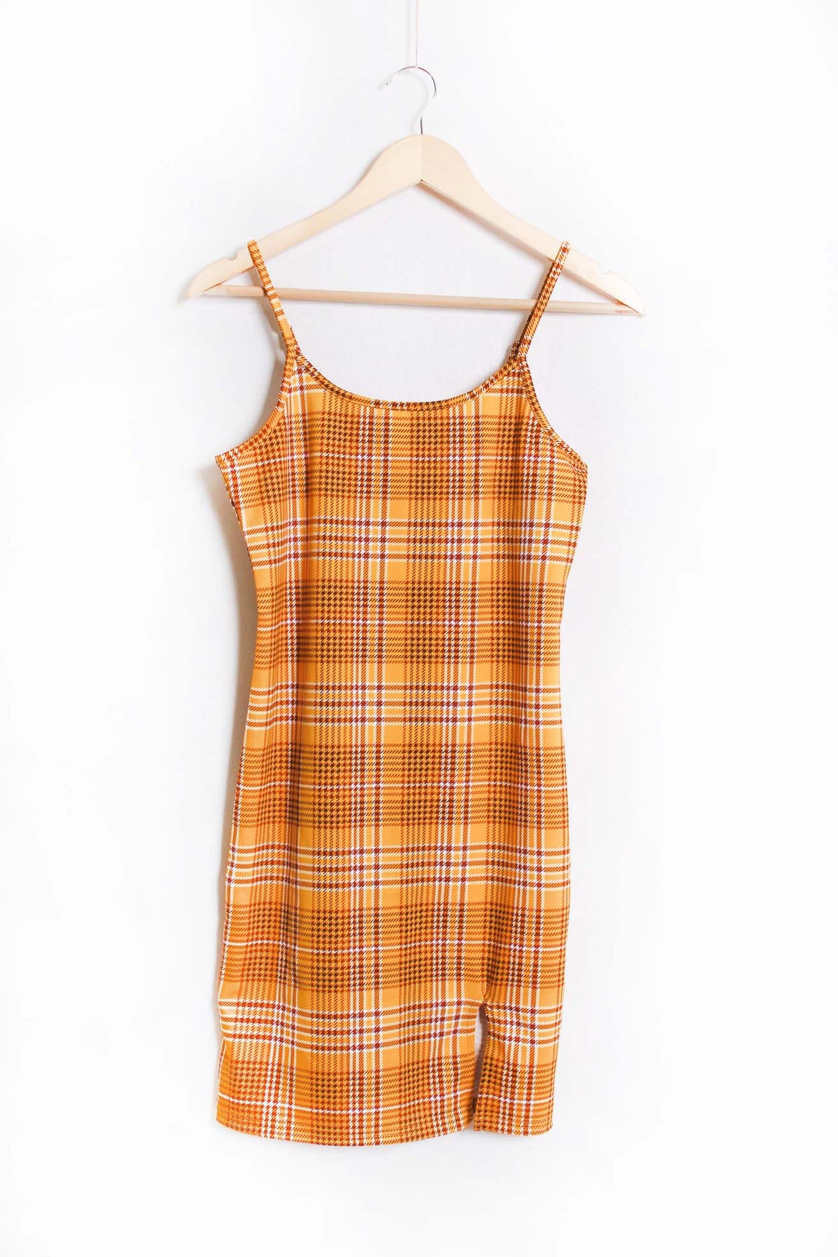 Women's Sleeveless Spaghetti Strap Side Slit Plaid Mini Dress