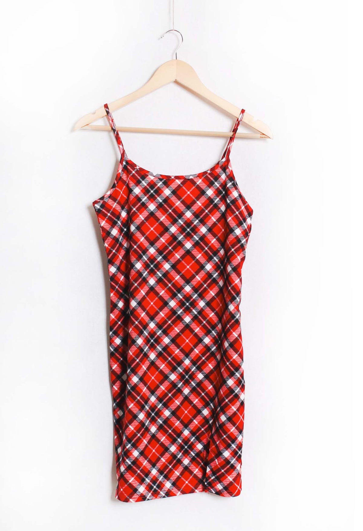 red plaid spaghetti strap dress The Genevieve Red Plaid Strapless Midi Dress - All Dress