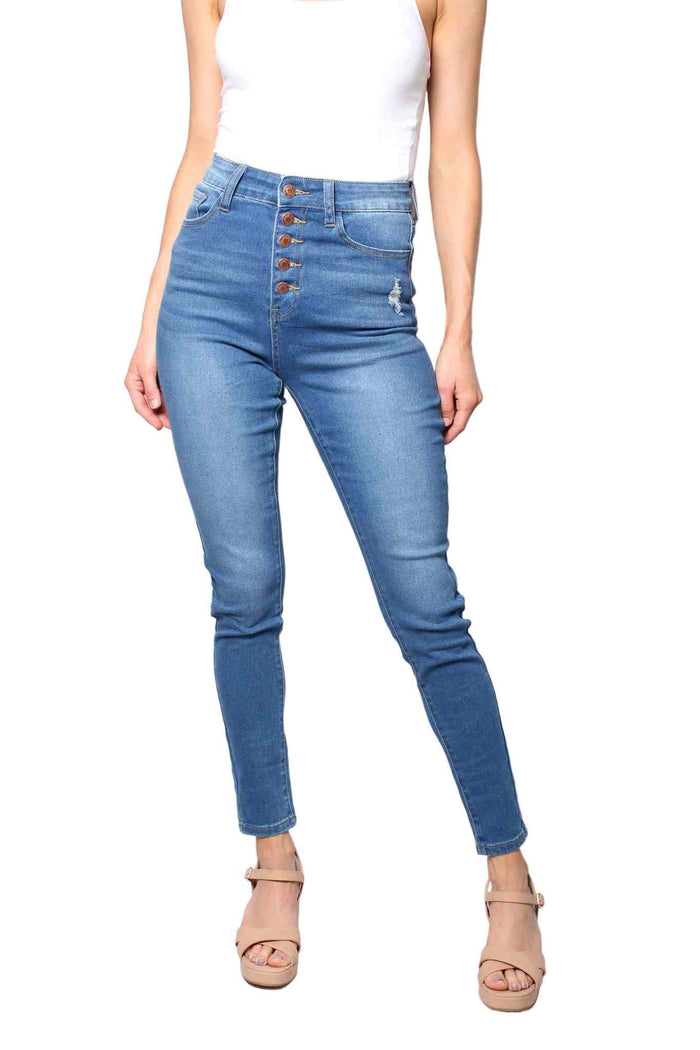 Women's High Waist Button Front Medium Wash Skinny Jeans