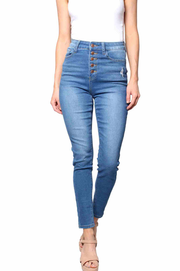 Women's High Waist Button Front Medium Wash Skinny Jeans