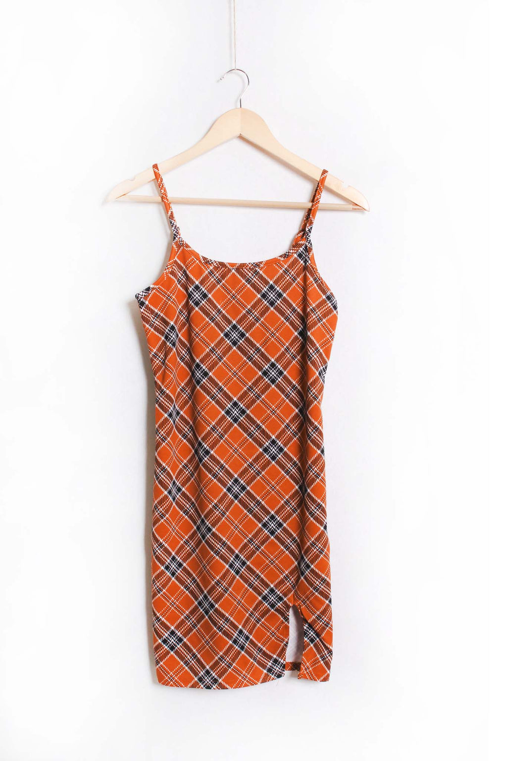 Women's Sleeveless Spaghetti Strap Side Slit Plaid Mini Dress