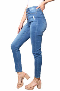 Women's High Waist Button Front Medium Wash Skinny Jeans