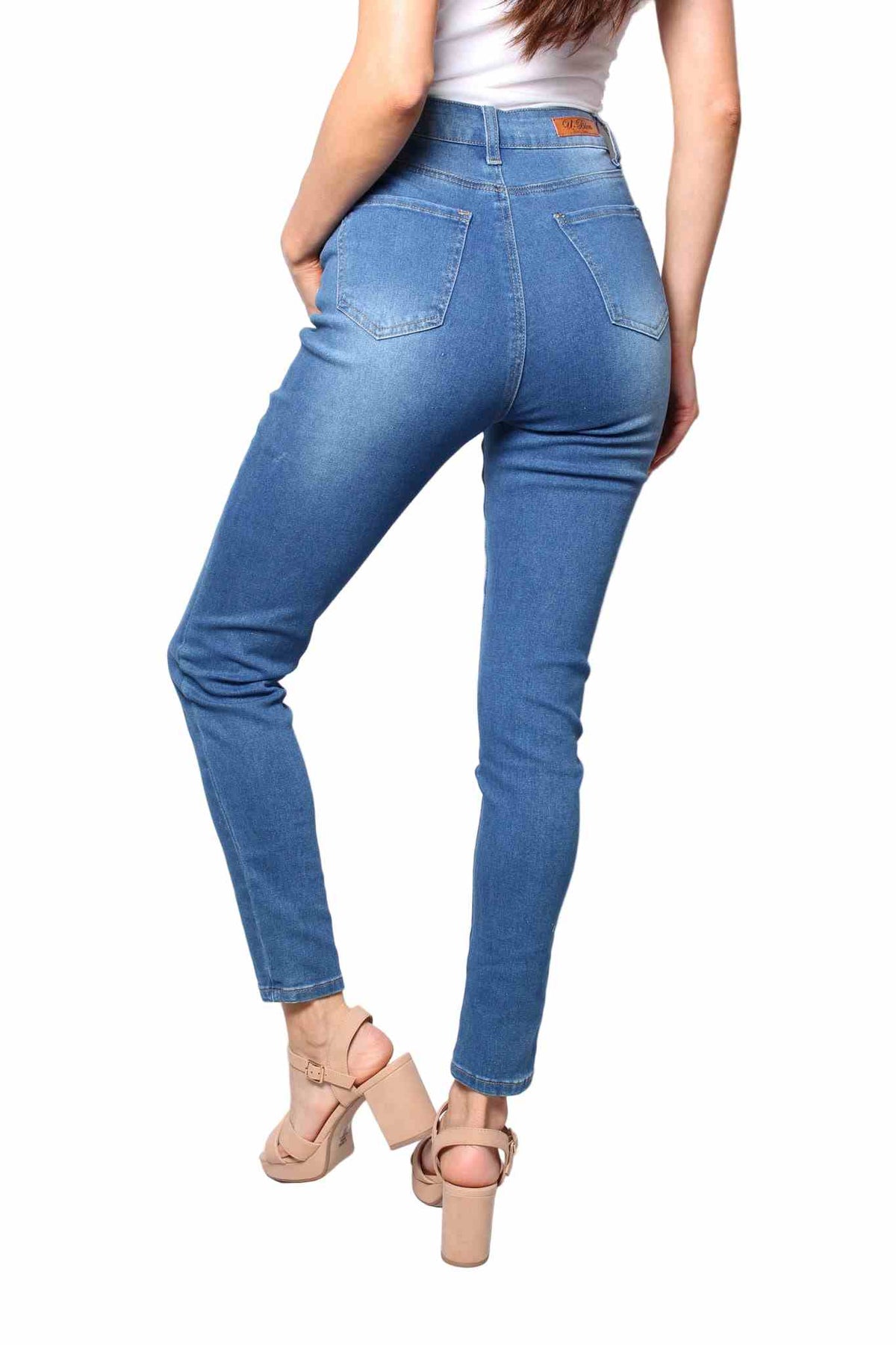 Women's High Waist Button Front Medium Wash Skinny Jeans