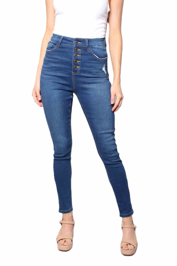 Women's High Waist Button Front Dark Wash Skinny Jeans