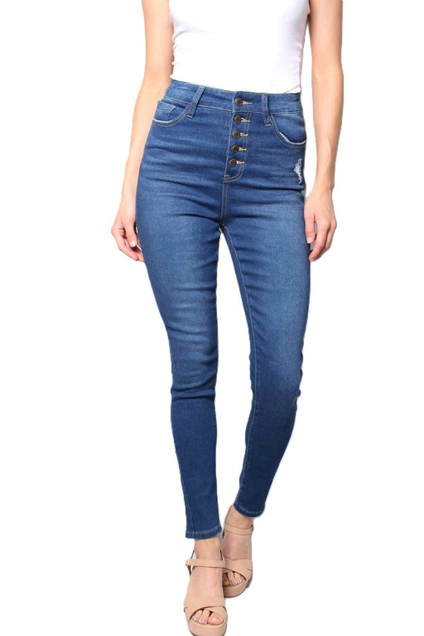 Women's High Waist Button Front Dark Wash Skinny Jeans