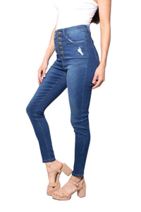 Women's High Waist Button Front Dark Wash Skinny Jeans