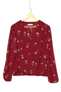 Women's Long Sleeve V Neck Elastic Hem Floral Top