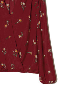 Women's Long Sleeve V Neck Elastic Hem Floral Top