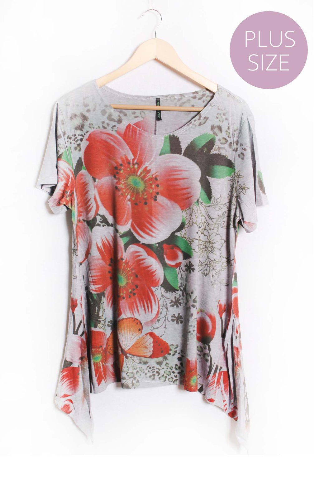 Women's Plus Short Sleeve Scoop Neck Extended Hem Floral Top