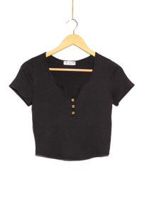 Women's Short Sleeve Split Neck Henley Ribbed Top