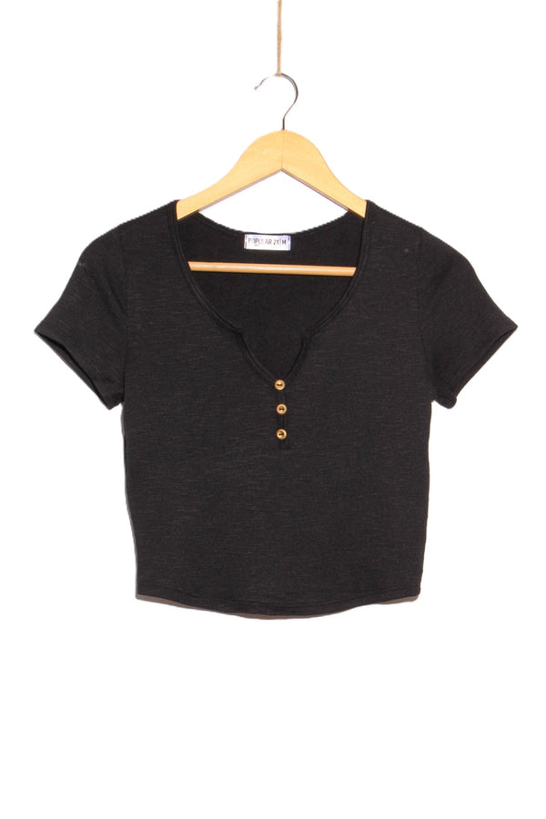 Women's Short Sleeve Split Neck Henley Ribbed Top