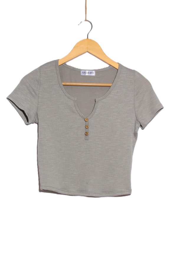 Women's Short Sleeve Split Neck Henley Ribbed Top