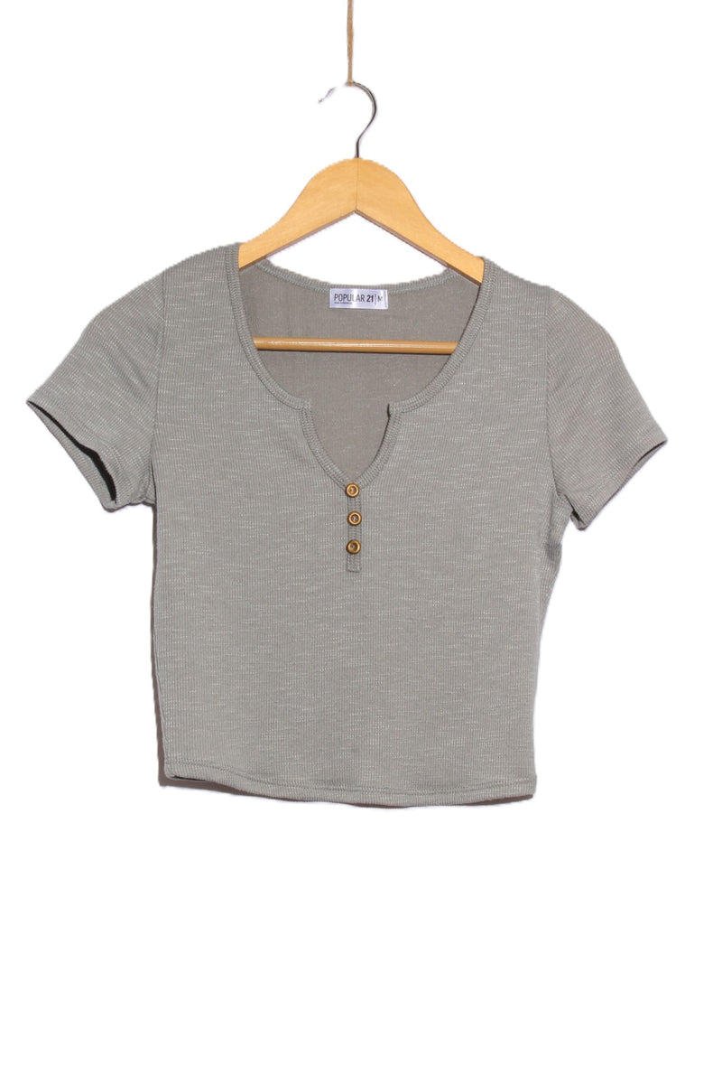 Women's Short Sleeve Split Neck Henley Ribbed Top