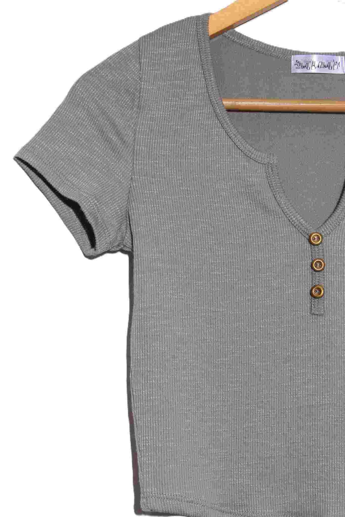 L'Appartement【GOOD GRIEF!】 HENLEY NECK Women's Short Sleeve Split Neck Henley Ribbed Top – Good