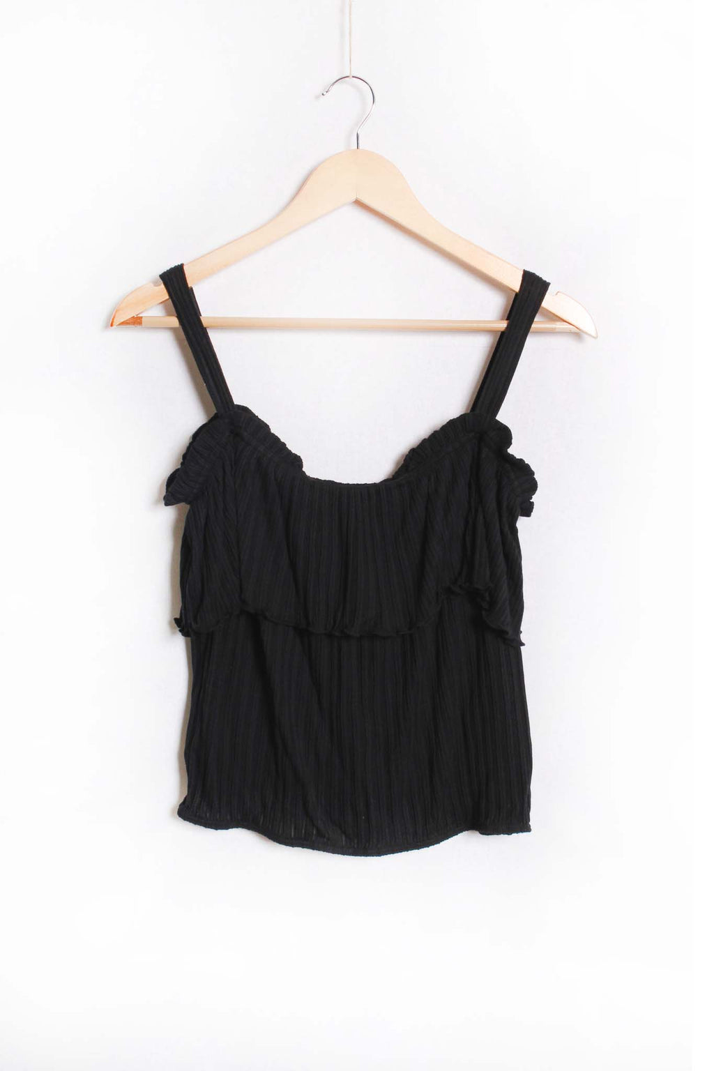 Women's Sleeveless Strappy Ruffle Ribbed Top