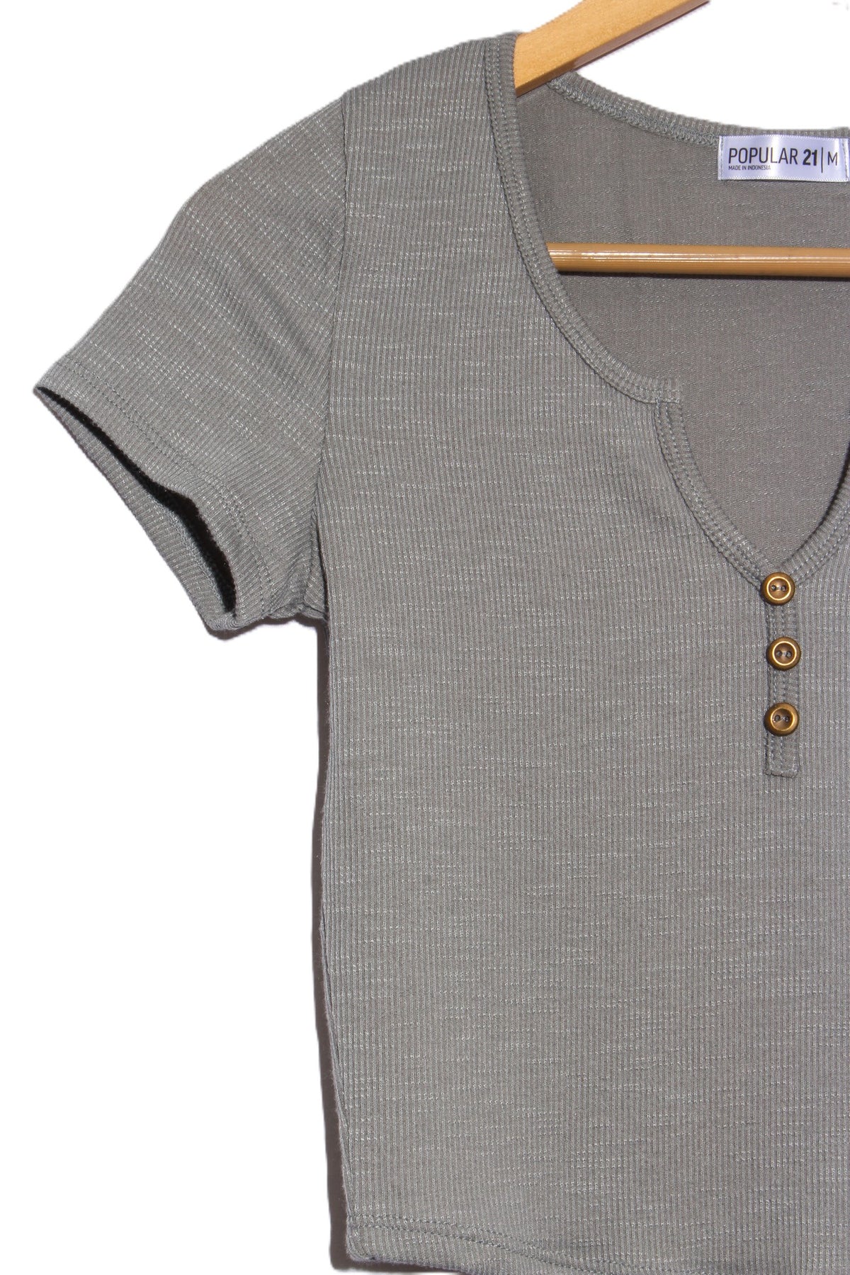 Women's Short Sleeve Split Neck Henley Ribbed Top