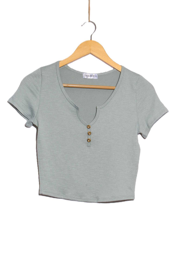 Women's Short Sleeve Split Neck Henley Ribbed Top