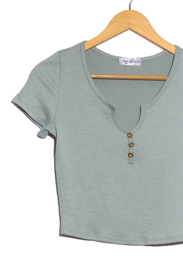 Women's Short Sleeve Split Neck Henley Ribbed Top