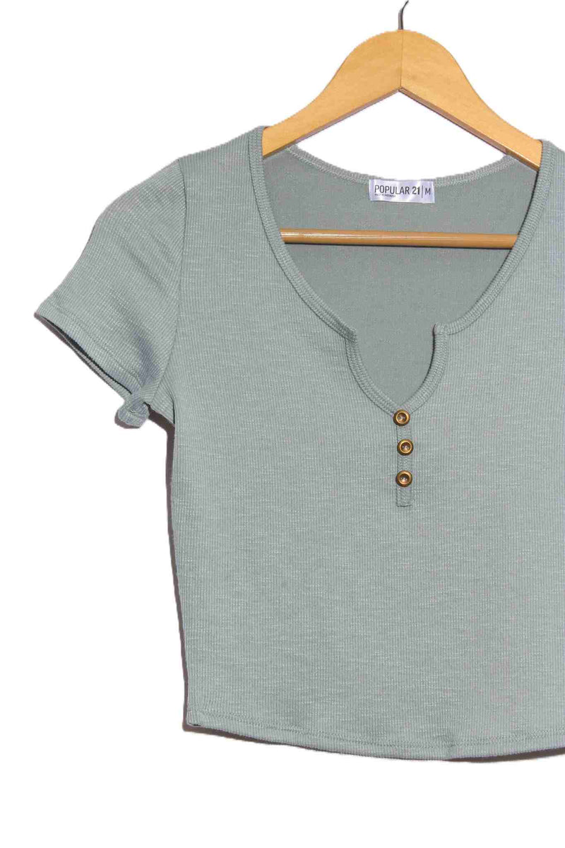 Women's Short Sleeve Split Neck Henley Ribbed Top