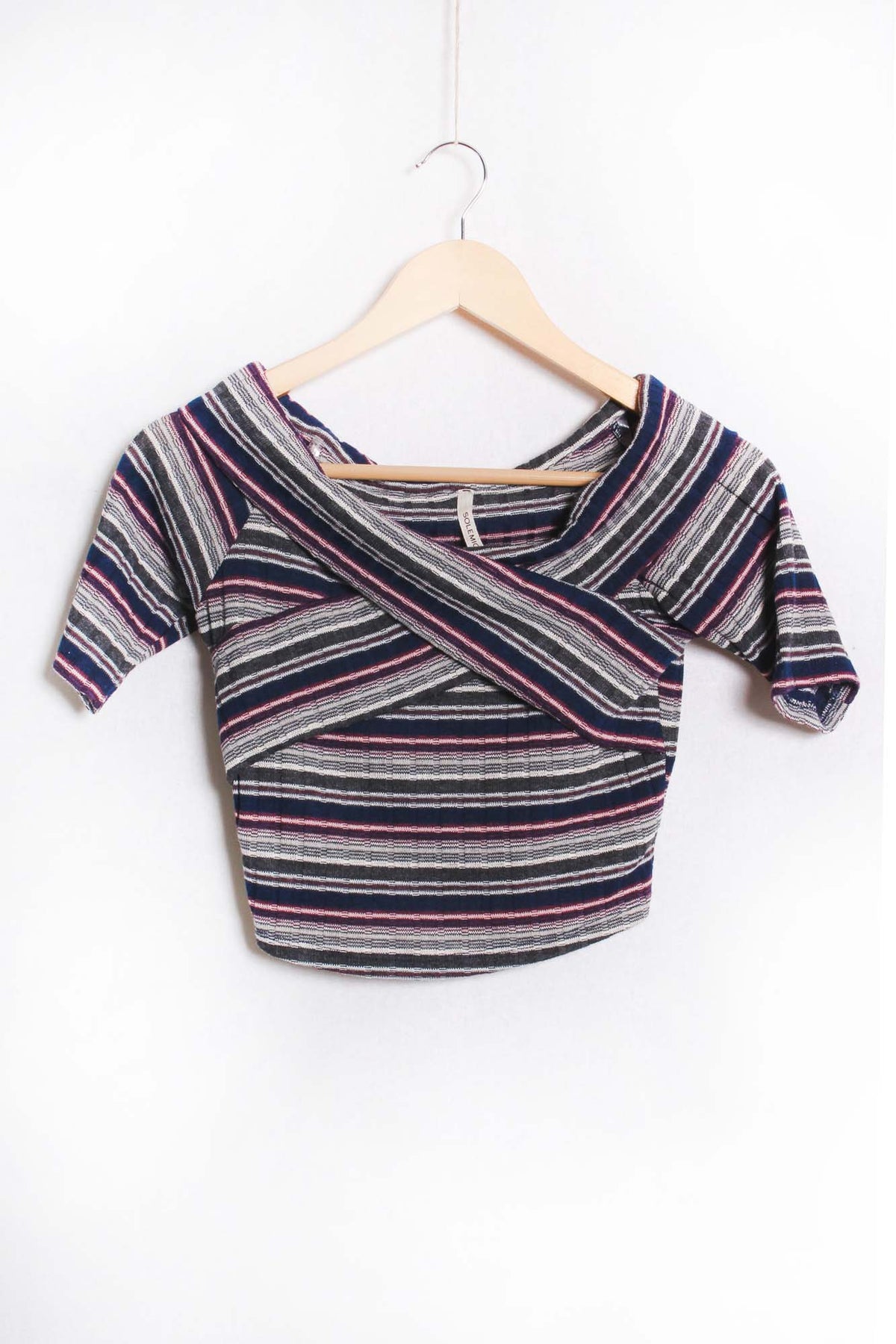 Women's Short Sleeve Criss Cross Stripe Ribbed Top