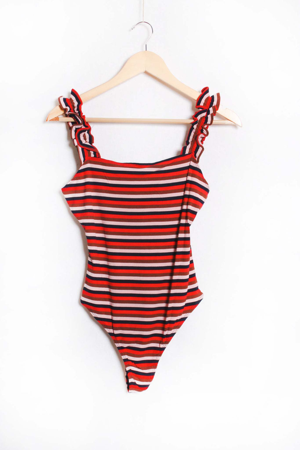 Women's Sleeveless Ruffle Strap Stripe Ribbed Bodysuit