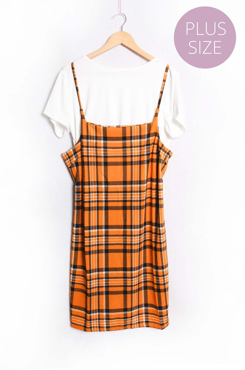 orange plaid mini dress Women's Plus Sleeveless Spaghetti Strap Plaid Mini Dress