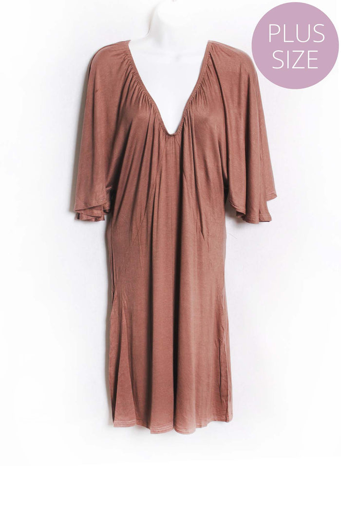 Women's Plus Short Sleeve V Neck Solid Mini Dress