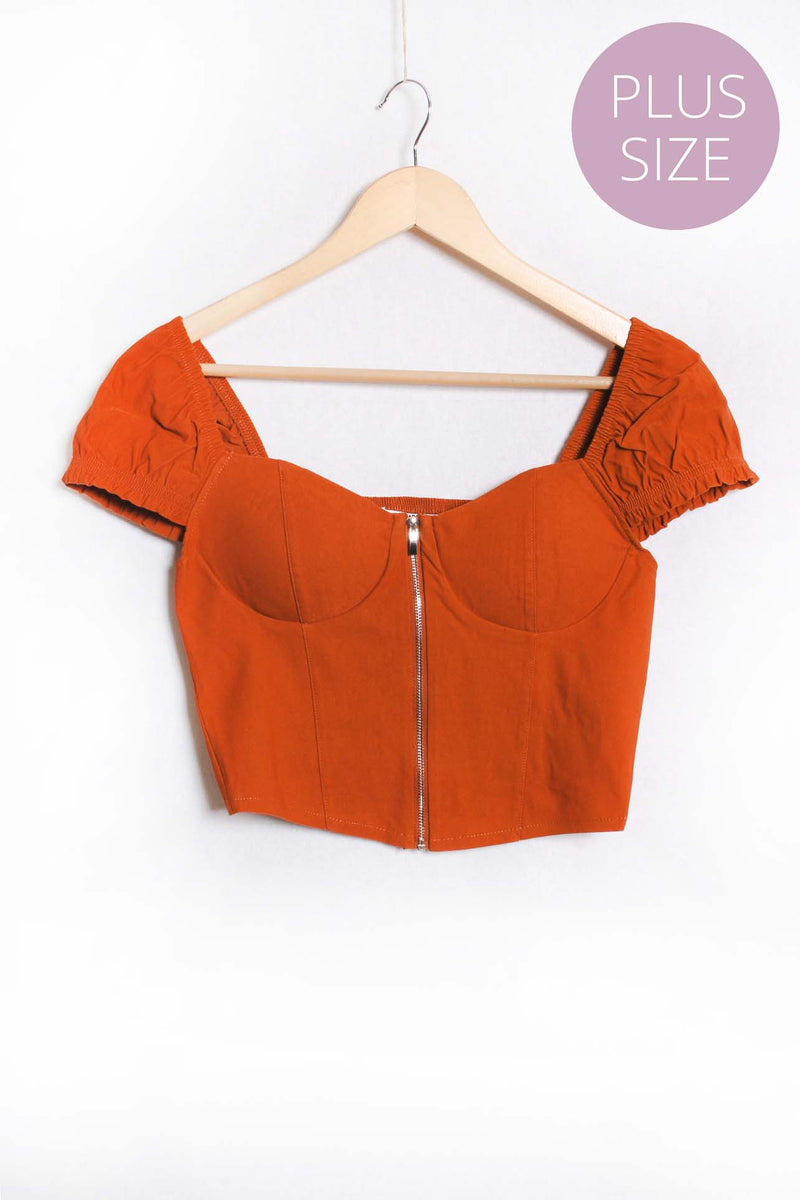 Women's Plus Puff Sleeve Zipper Down Bustier Crop Top