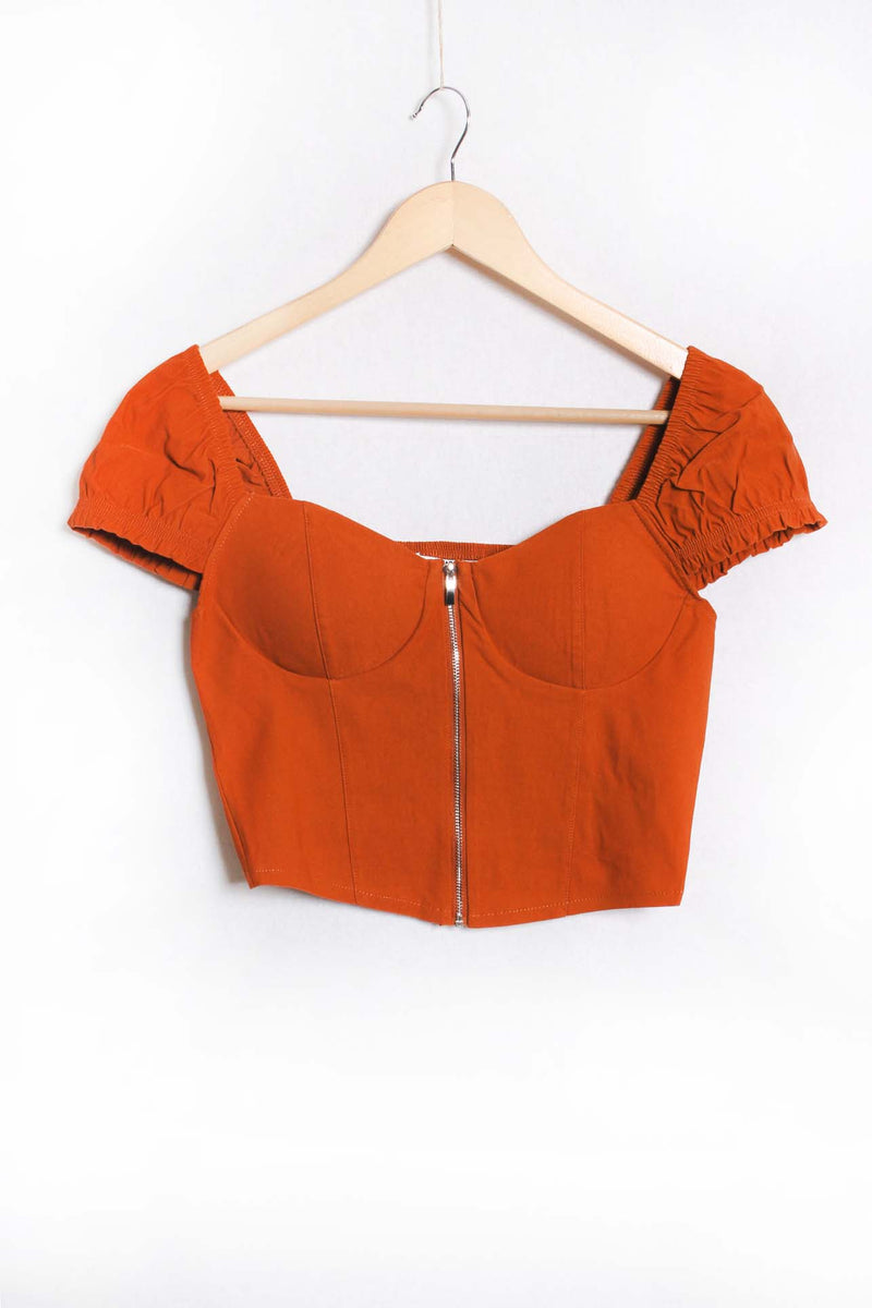 Women's Puff Sleeve Zipper Down Bustier Crop Top