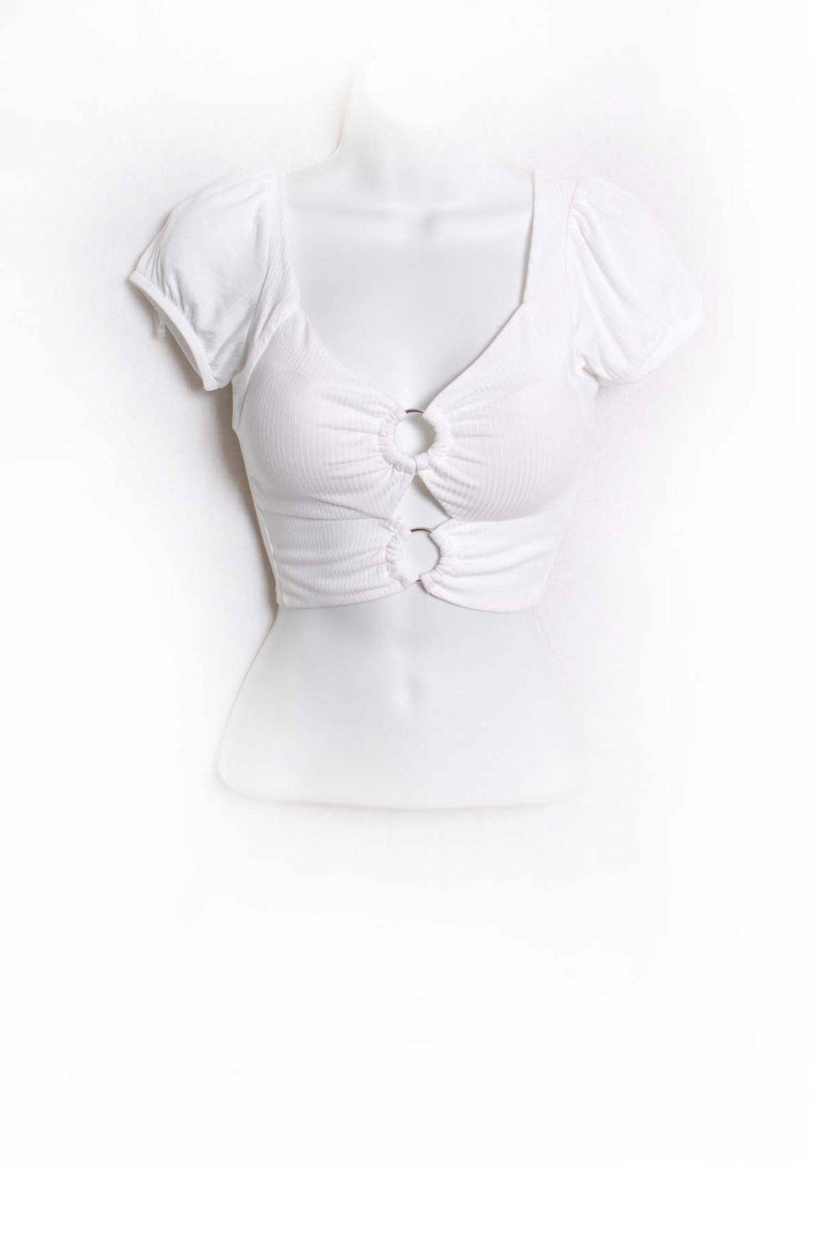 Women's Puff Sleeve V Neck Double Front Ring Solid Crop Top