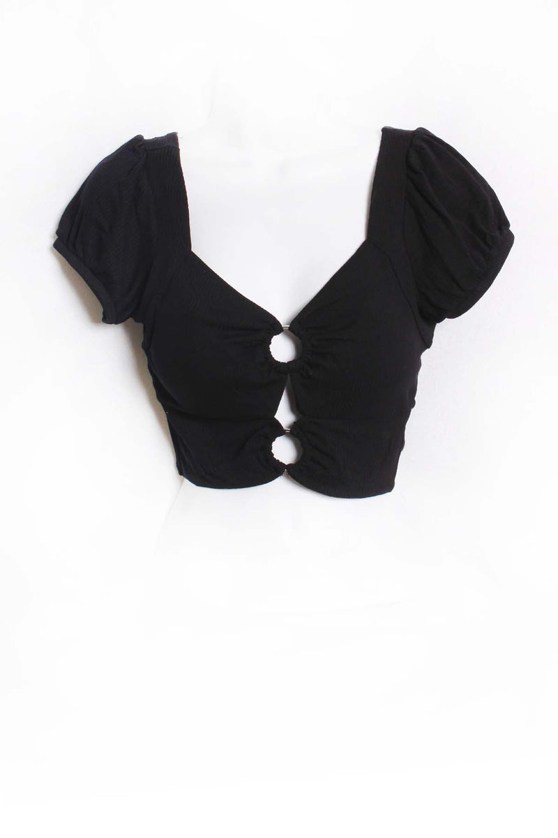 Women's Puff Sleeve V Neck Double Front Ring Solid Crop Top