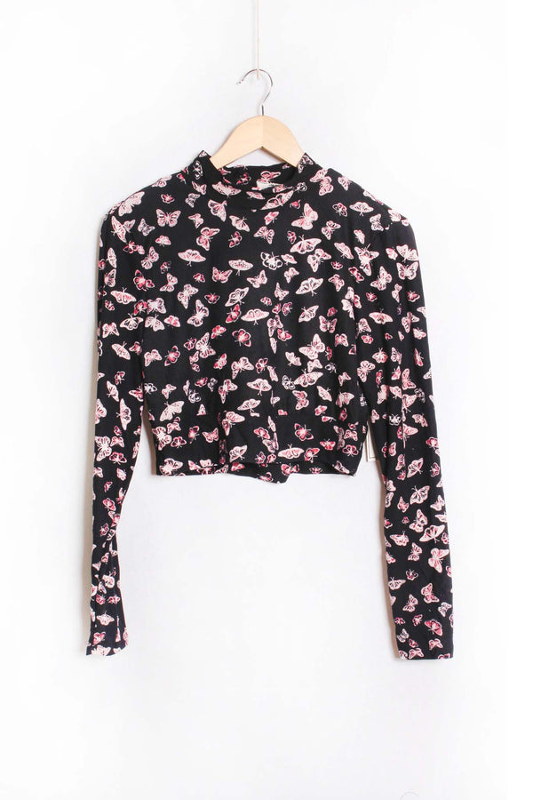 Women's Long Sleeves Mock Neck Printed Crop Top