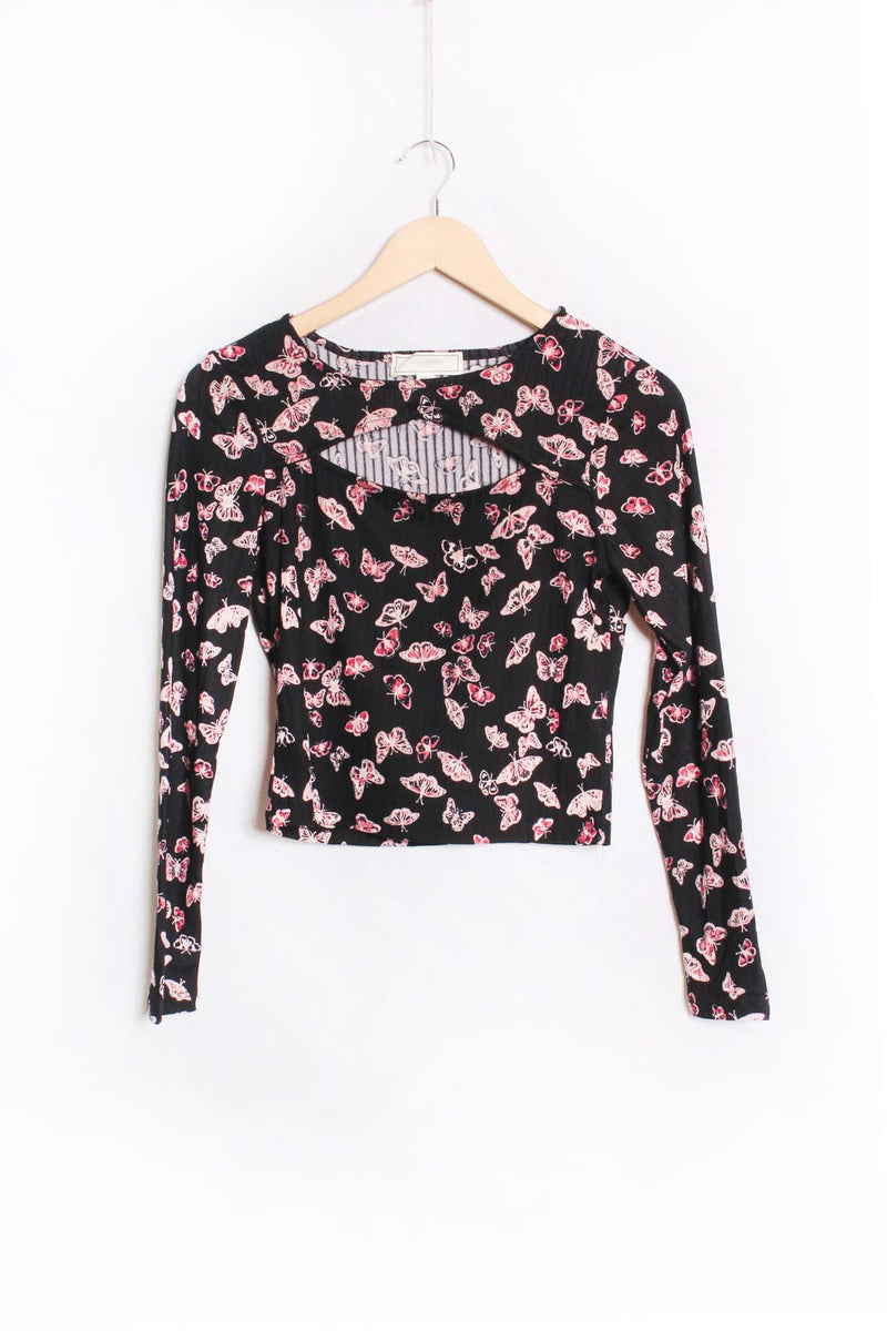 Women's Long Sleeves Cut Out Printed Crop Top