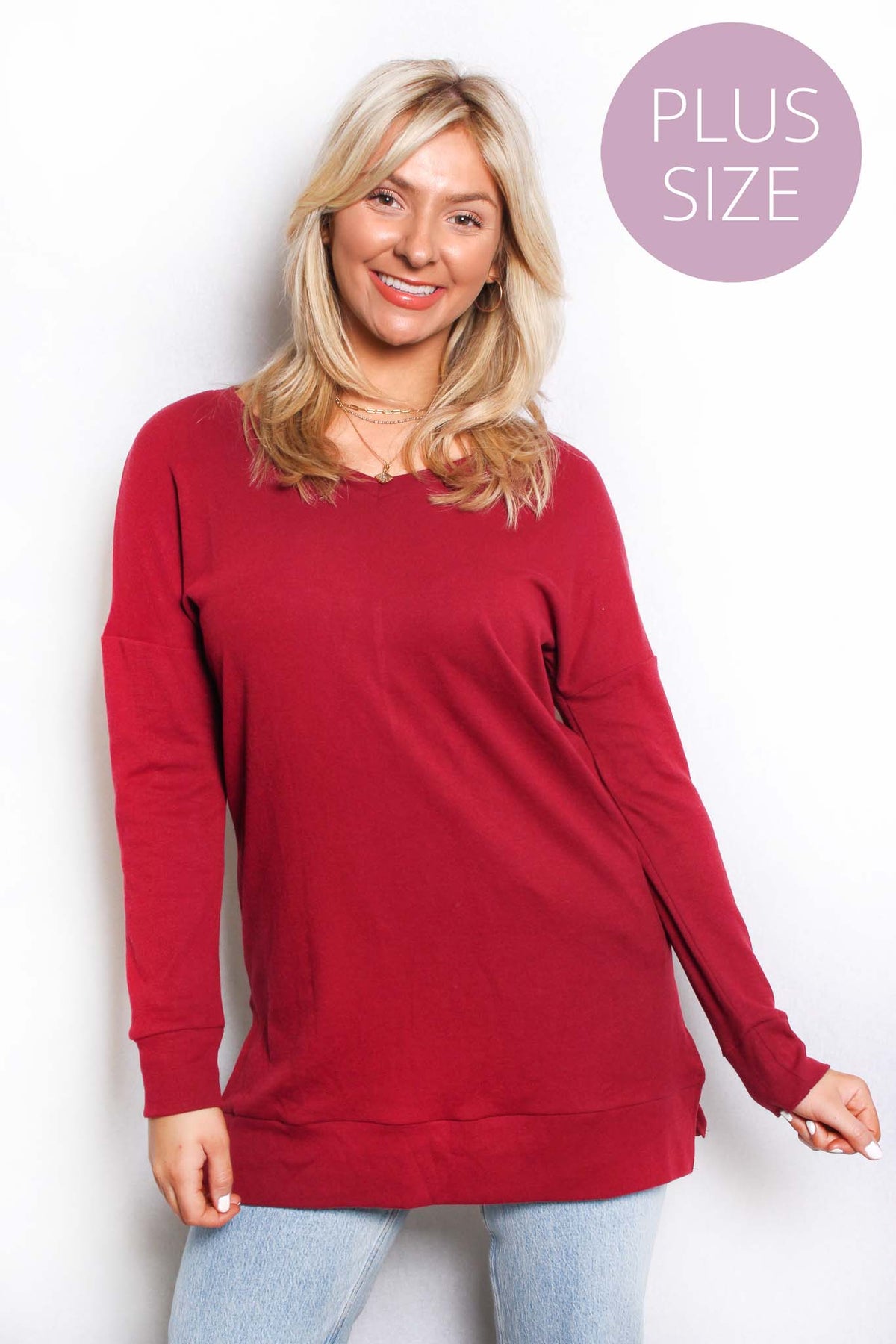 Women's Plus Long Sleeves V Neck Basic Sweater