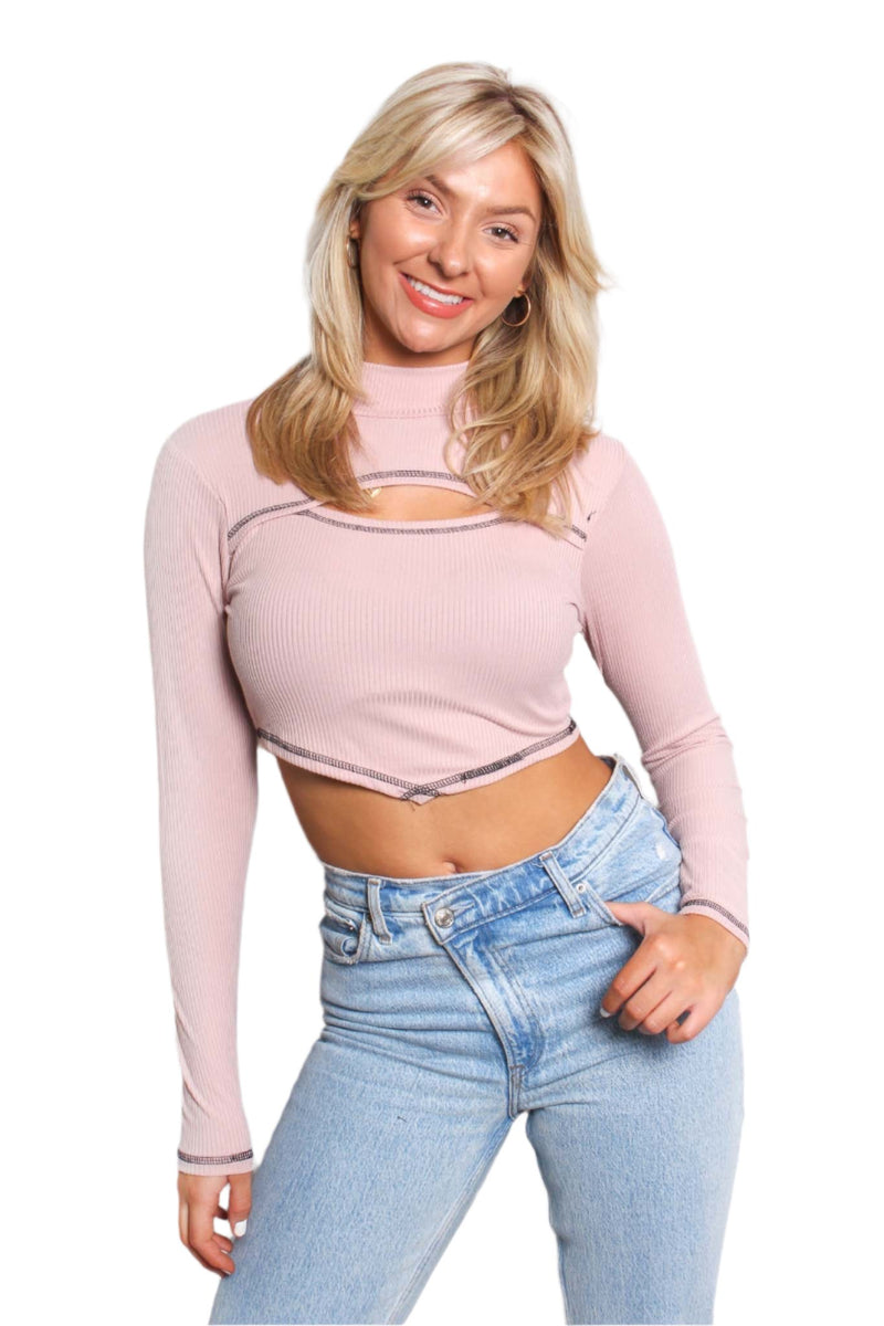 Women's Long Sleeves Cut Out Ribbed Crop Top