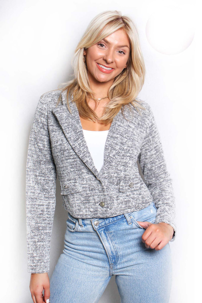Women's Plus Long Sleeves Collared Knitted Crop Jacket